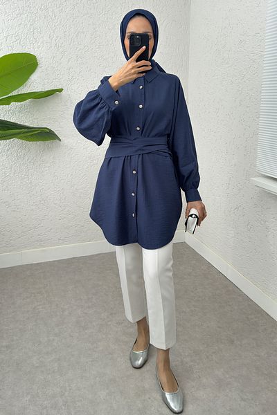 Salih Çelebi Tunic with Integrated Belt 2217 - Dark Blue