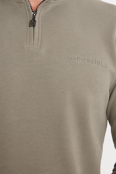 Tudors Ανδρικό φούτερ με λεπτή εφαρμογή, λεπτή εφαρμογή, βαμβακερό, με μισό φερμουάρ, όρθιο γιακά, χακί