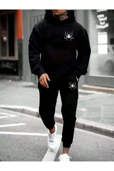 DAXİS Sportwear Company Printed Unisex Bottom Top Combination Black Tracksuit Set - Hooded Sweatshirt Sweatpants Jogger