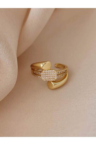 Eva Takı Store خاتم ثلاثي من حجر الزركون المتقاطع قابل للتعديل باللون الذهبي