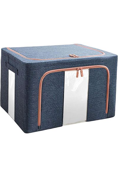 Camy Folding Storage Box with Zipper, 100L, Textile, 60x42x40 cm, Metal Frame, Stable Plastic Base, Navy