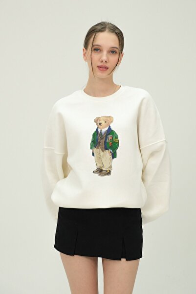 The Champ Clothing Жіночий світло-бежевий світшот з принтом ведмедика, 3 нитки, шардоне – велосипедний комір, зручний крій