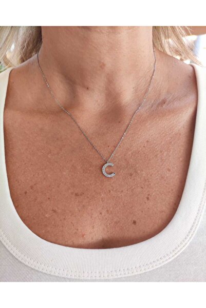 MoS JEWELLERY Gümüş Renk Zirkon Taşlı C Harfli Paslanmaz Çelik Kolye – Suya D...