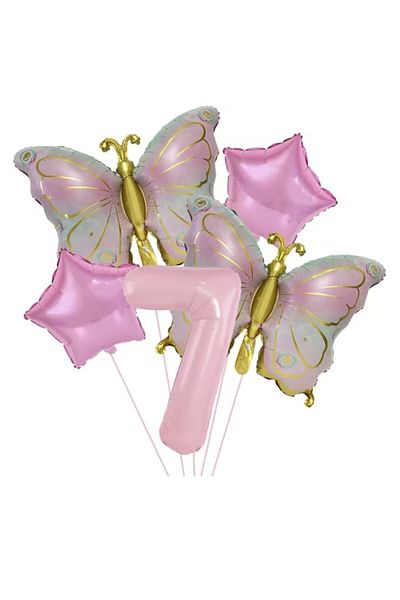 parti sürprizi Gold Butterfly Pink 7 Year Old Number Balloon Set