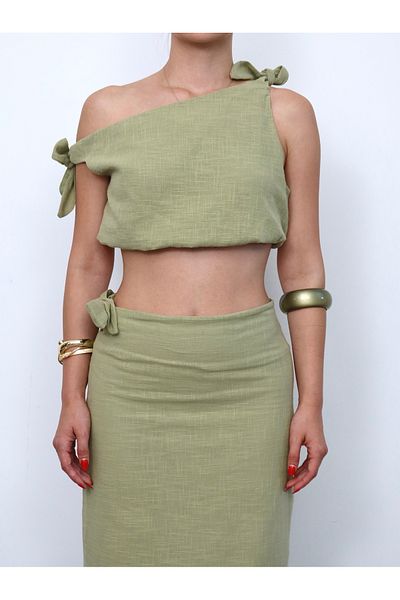 Zey Studio Women's Green Bow Detailed Crop Skirt Linen Suit