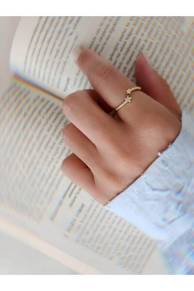 Eva Takı Store خاتم من حجر الزركون ستار موديل ذهبي قابل للتعديل