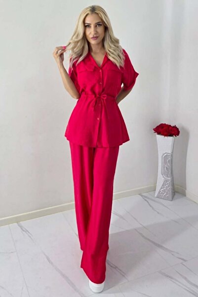 FashionForYou LUNIA casual viscose suit, with shirt and wide trousers, Red