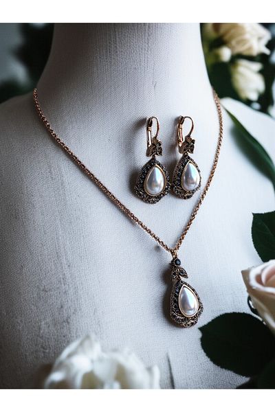 FAYRA ACCESSORIES Antique Bronze Water Drop Necklace and Earrings Set with Crystal Stone
