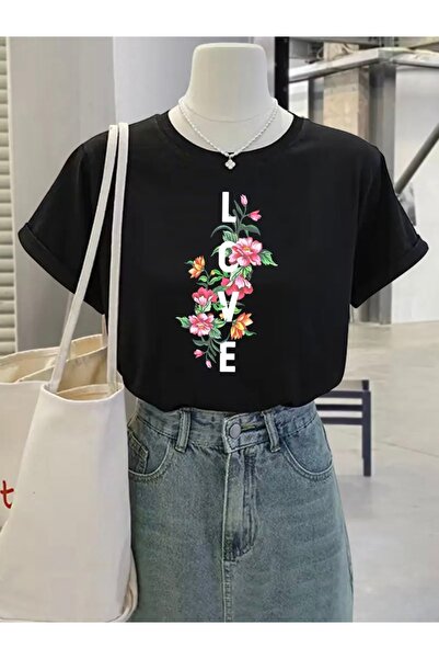 FUFLUNS تي شيرت برقبة دائرية كبيرة الحجم مطبوع عليه FLOWERS LOVE