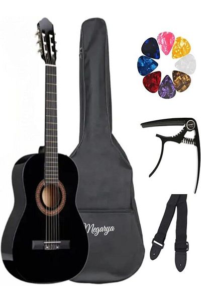 MegArya 38” Classical Guitar with Nylon Strings with Bag, Strap, Capo, Picks (Black)