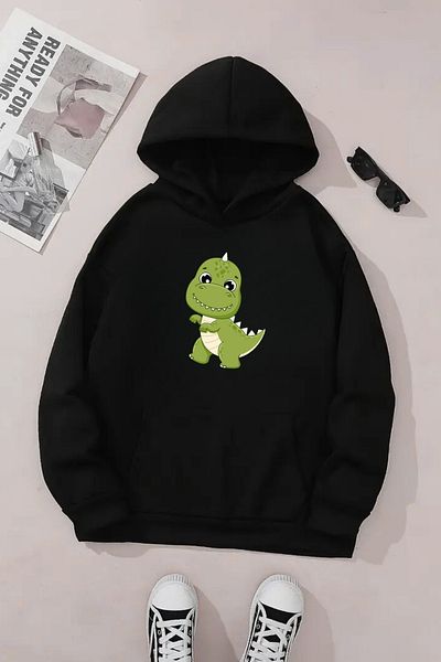 CLAYES Hanorac negru unisex cu glugă – țesătură groasă cu imprimeu mic de dinozaur