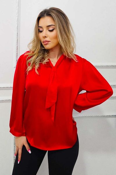 FashionForYou Soft Whisper women's shirt, with scarf collar and loose fit, Red, Size Large, L