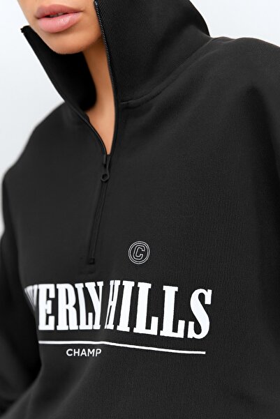 The Champ Clothing Γυναικείο μαύρο φούτερ με γραπτό φερμουάρ Beverly Hills με μισό ζιβάγκο – Άνετο oversize