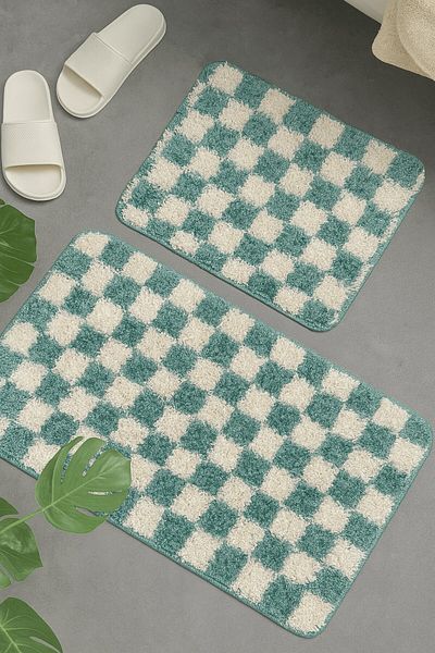 EUROBANO Small Size Checkered Pattern Bath Mat Non-Slip Base 80X50 40X50 Washable