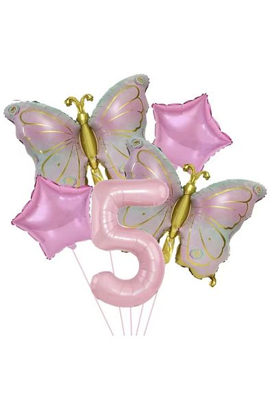 parti sürprizi Pink 5 Year Old Number Balloon Set with Gold Butterfly
