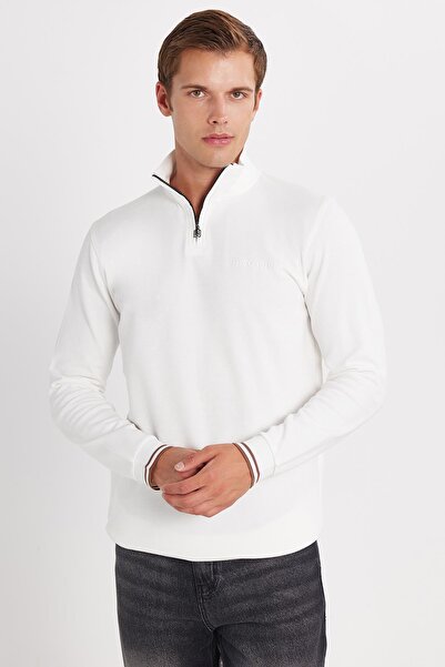 Tudors Ανδρικό λευκό φούτερ με λεπτή εφαρμογή, λεπτή εφαρμογή, βαμβακερό μισό φερμουάρ και όρθιο γιακά