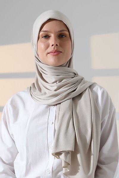 ihvanonline Ready-Made Practical Snap-On Lycra Combed Cotton Hijab Shawl - Stone