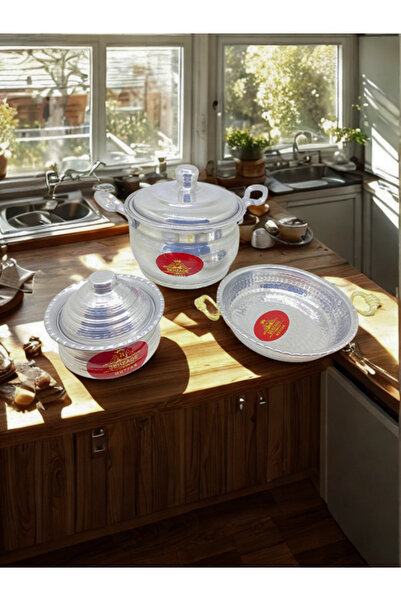 ŞEHZADEMUTFAK 3'lü Alüminyum El İşlemeli Mutfak Seti – Tava, Şekerdanlık, Güv...