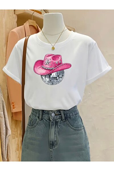 FUFLUNS تي شيرت برقبة دائرية كبيرة الحجم مع قبعة رعاة البقر وطبعة كرة ديسكو