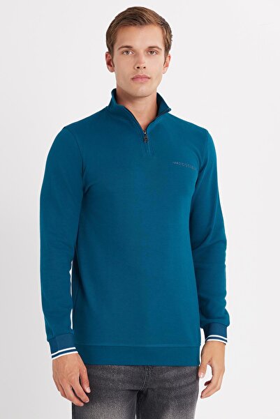 Tudors Hanorac pentru bărbați, slim fit, subțire, din bumbac, cu jumătate de fermoar, cu gât înalt, în culoare ulei