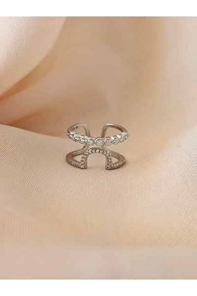 Eva Takı Store خاتم بيضاوي ذو صفين من الأحجار الكريمة قابل للتعديل باللون الفضي