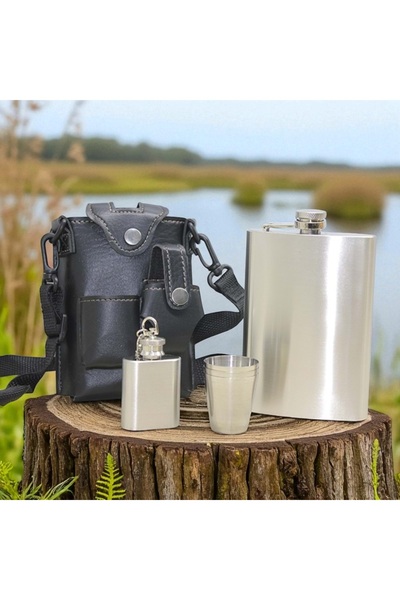 Kuzey Tacı Stainless Steel Flask Set – 3-Piece Camping and Gift Set (Shot Glass + Mini Keychain + Leather Bag)