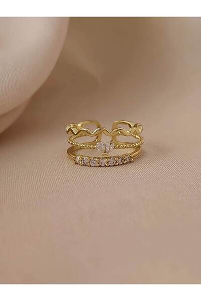 Eva Takı Store خاتم ذهبي اللون قابل للتعديل مكون من 3 صفوف على شكل قلب من حجر...