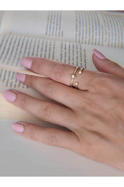 Eva Takı Store Two Rows of Star Zircon Stone Adjustable Gold Gold Color Ring