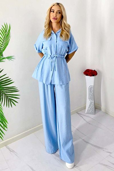 FashionForYou Ținută casual de vară LUNIA, cămașă mulată și pantaloni largi, albastru deschis, mărimea S/M