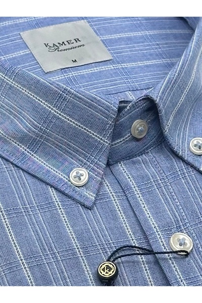 KAMER REGULAR FIT UZUN KOL PAMUKLU DÜĞMELİ YAKA TEK CEPLİ EKOSE KOYU MAVİ GÖMLEK 3730KM