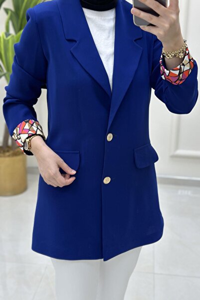 Melih Kruvaze Yaka Katlama Kol Renk Garnili Kadın Ceket Saks Mavisi MLH 5100