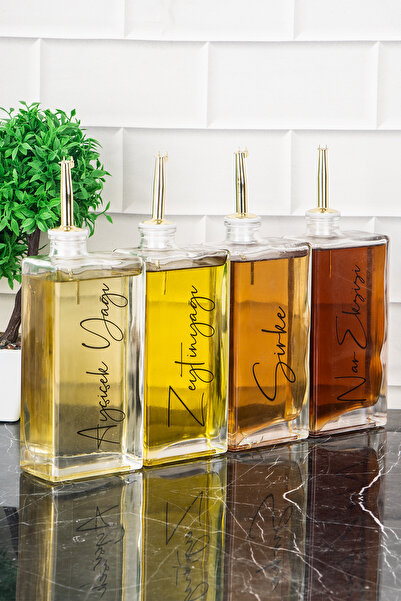 DNS HOME Set of 4 Glass Oil Pot with Gold Lid Sunflower Olive Oil Label Sauce Bowl Vinegar Bowl Oil Pot 500 ml