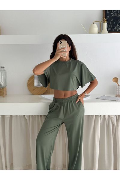 Ozy Fashion Culoare kaki, țesătură submersibilă cu textura moale, mâneci liliac, set de 2
