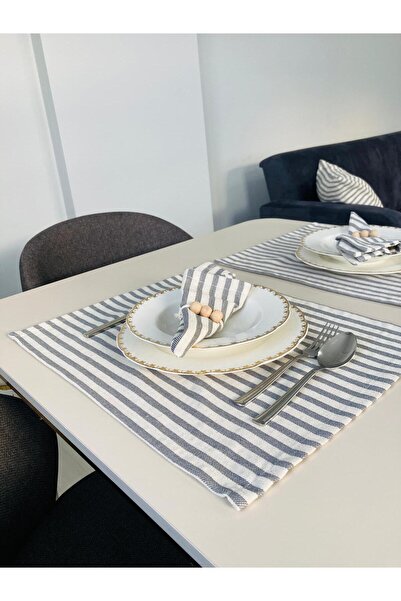 Kayasoft Gri Çizgili Pamuk Keten Amerikan Servisi ve Supla Sunum Peçetesi 6’l...