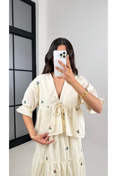 Lusin Set de fuste căptușite pentru femei, cu broderie florală, bluză cu cravată în față