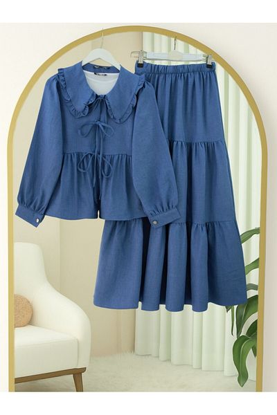 Modamorfo Skirt Layer Detailed Lace up Suit -Indigo