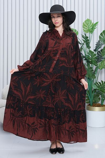 EL jadida Women's Patterned Plus Size Viscose Hijab Dress Burgundy