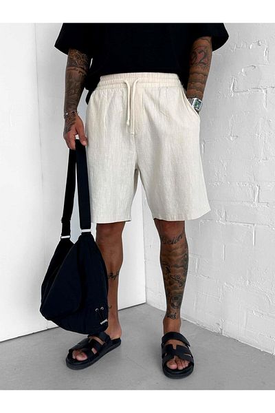 ablukaonline Pantaloni scurți largi pentru bărbați cu elastic în talie, aspect de in, bej