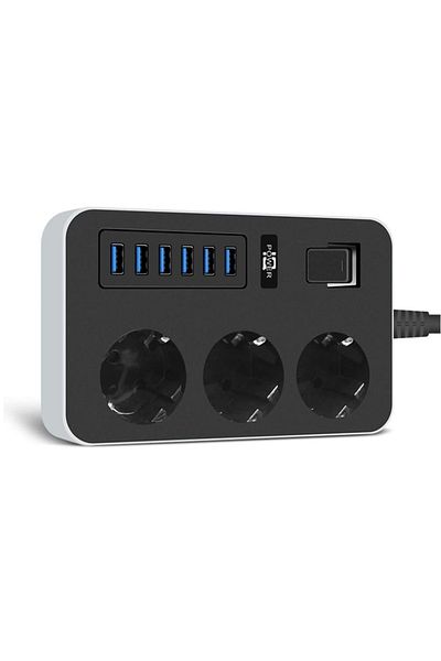 divendi-ro Prelungitor cu 6 porturi USB și 3 prize universale, 3000W, 3.1A, 1.8m
