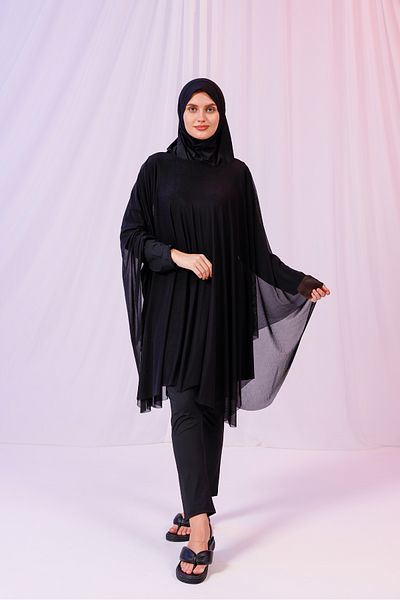 tarzınısec Short Kimono Pareo - Hijab Pareo - Stretchy Lycra Tulle Black 180X135 cm