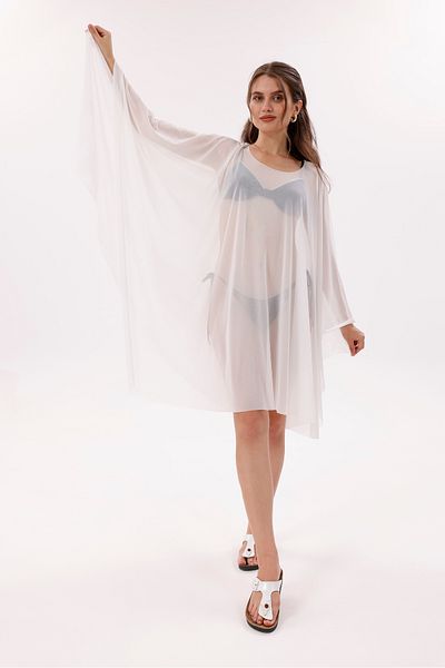tarzınısec Short Kimono Pareo - Hijab Pareo - Stretchy Lycra Tulle White 180X135 cm