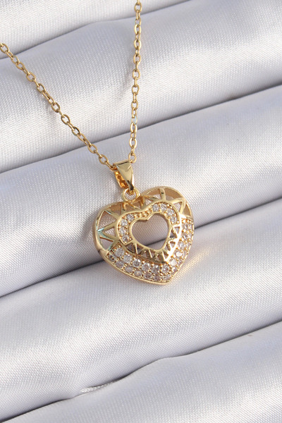 callerrons accessories Gold Color Zircon Stone Heart Model Vintage Women's Ne...