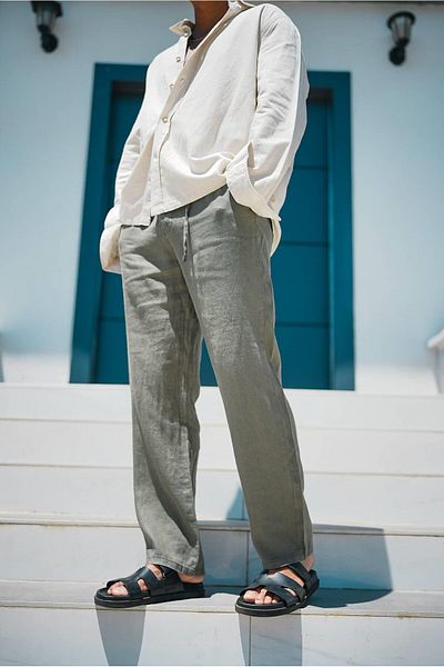 ablukaonline Pantaloni de in pentru bărbați, cu talie elastică, verde kaki