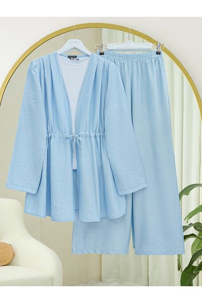 Modamorfo Kimono Suit with Tunnel Laces and Stoned Wide Leg Trousers - Baby Blue