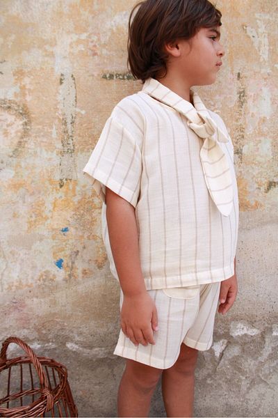 Oh La La Koala For Little Ones Beige Striped Collar Tie-Up Bottom Top Set