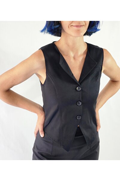YAXİ Body-Fitting Black Woven Vest Without Lining