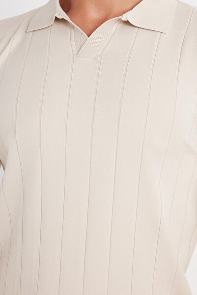 Tudors Erkek Slim Fit Dar Kesim Uzun Kol Polo Yaka Çizgili Taş Kazak