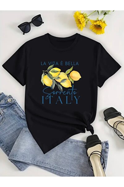 FUFLUNS تي شيرت LA VITA BELLA مطبوع برقبة دائرية كبيرة الحجم