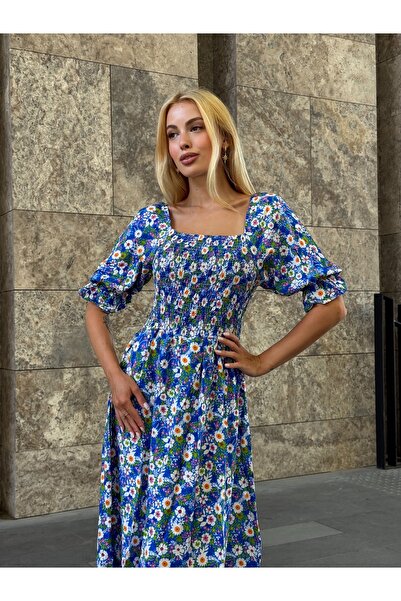 Tubik Rochie Gipeli cu model floral cu guler pătrat pentru femei