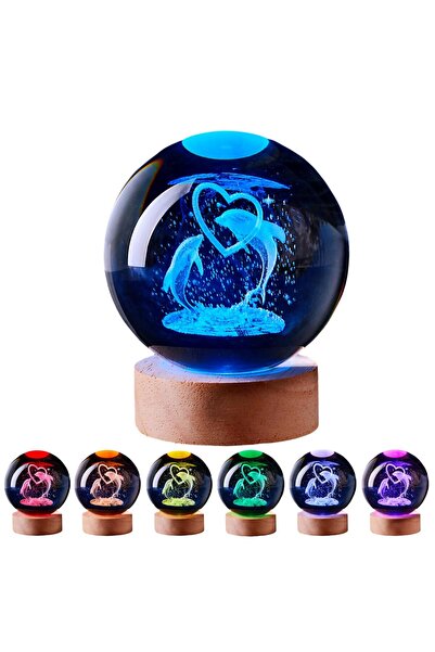 Wolawood Yunus Balığı Temalı Kristal Cam Küre 3D Led Işıklı USB'li Ahşap Taba...
